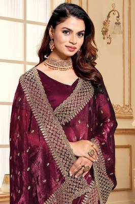Wine designer zari sequence embroidery work silk saree 2