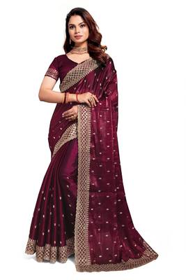 Wine designer zari sequence embroidery work silk saree 4