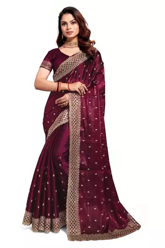 Wine designer zari sequence embroidery work silk saree