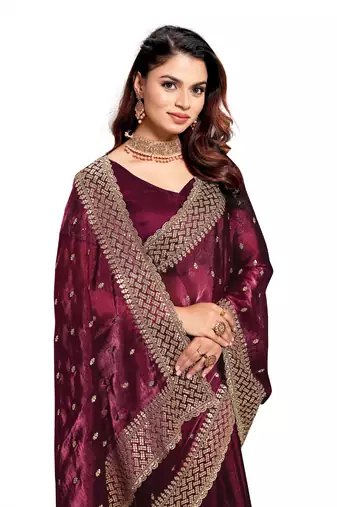 Wine designer zari sequence embroidery work silk saree