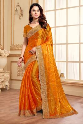 Mustard designer zari sequence embroidery work silk saree 1