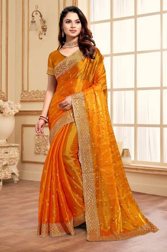 Mustard designer zari sequence embroidery work silk saree