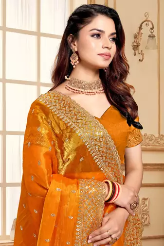 Mustard designer zari sequence embroidery work silk saree