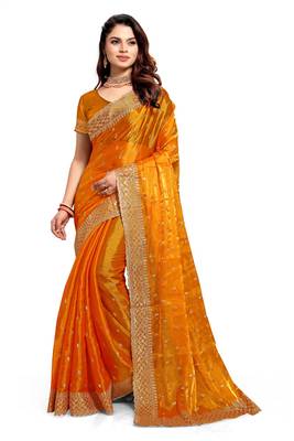 Mustard designer zari sequence embroidery work silk saree 4