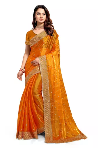 Mustard designer zari sequence embroidery work silk saree