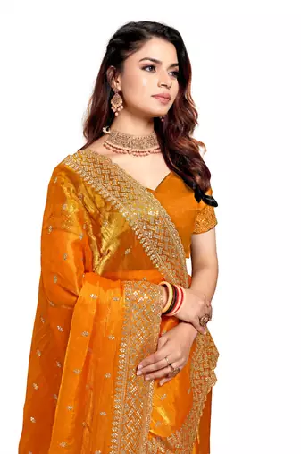 Mustard designer zari sequence embroidery work silk saree