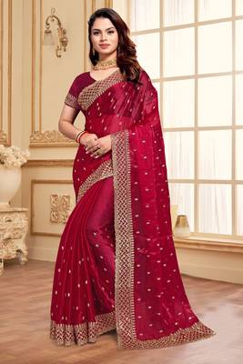 Cherry designer zari sequence embroidery work silk saree 1