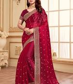Cherry designer zari sequence embroidery work silk saree