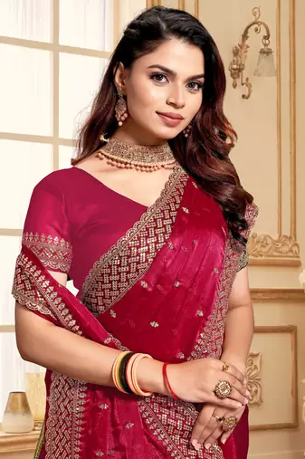 Cherry designer zari sequence embroidery work silk saree