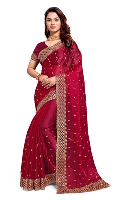 Cherry designer zari sequence embroidery work silk saree 4