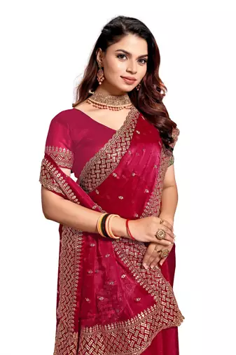 Cherry designer zari sequence embroidery work silk saree