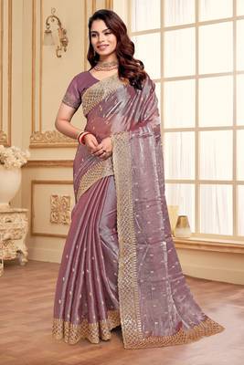 Dusty lavender designer zari sequence embroidery work silk saree 1
