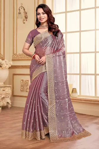 Dusty lavender designer zari sequence embroidery work silk saree