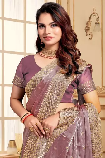 Dusty lavender designer zari sequence embroidery work silk saree