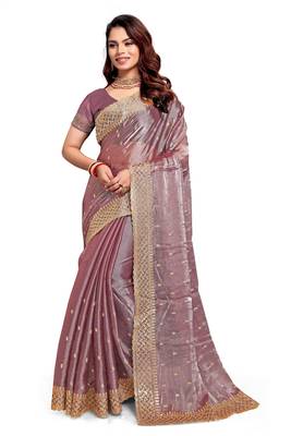Dusty lavender designer zari sequence embroidery work silk saree 4