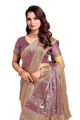 Dusty lavender designer zari sequence embroidery work silk saree 5