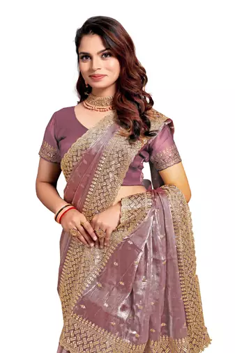 Dusty lavender designer zari sequence embroidery work silk saree
