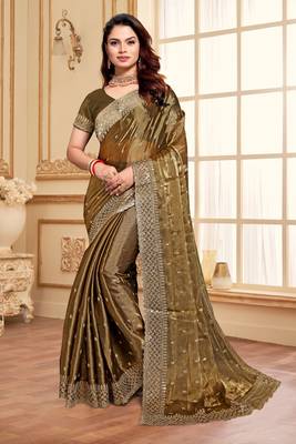 Dusty gold designer zari sequence embroidery work silk saree 1