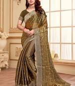 Dusty gold designer zari sequence embroidery work silk saree