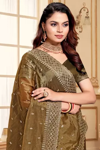 Dusty gold designer zari sequence embroidery work silk saree