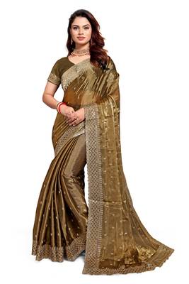 Dusty gold designer zari sequence embroidery work silk saree 4