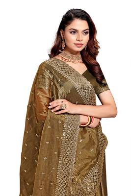 Dusty gold designer zari sequence embroidery work silk saree 5
