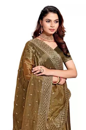 Dusty gold designer zari sequence embroidery work silk saree