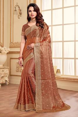 Dusty peach designer zari sequence embroidery work silk saree 1