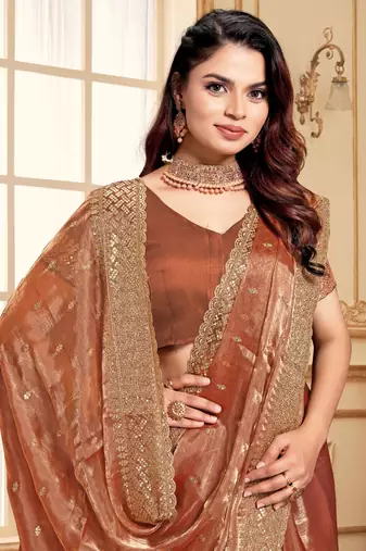 Dusty peach designer zari sequence embroidery work silk saree
