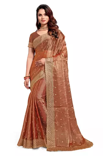 Dusty peach designer zari sequence embroidery work silk saree