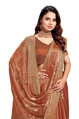 Dusty peach designer zari sequence embroidery work silk saree 5