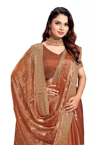 Dusty peach designer zari sequence embroidery work silk saree