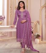 Trending Wedding Wear Lilac Georgette Straight Suit For Women upto 44"