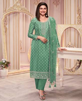  Pista Green Georgette Straight Suit For Women upto 44" 1