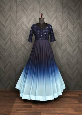 Blue faux georgette embroidery ombre print gown 2