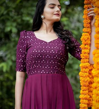 Wine faux georgette embroidery ombre print gown 2