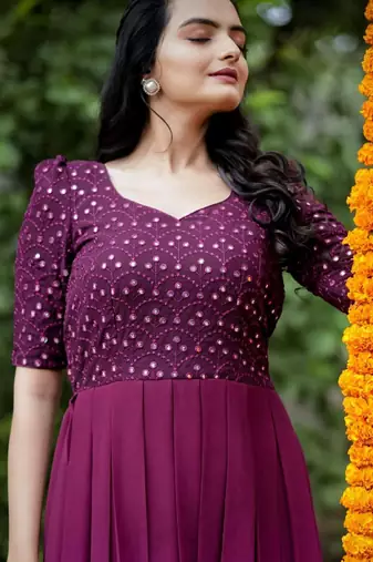 Wine faux georgette embroidery ombre print gown