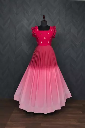 Pink faux georgette embroidery ombre print gown