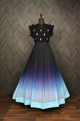 Blue faux georgette embroidery ombre print gown