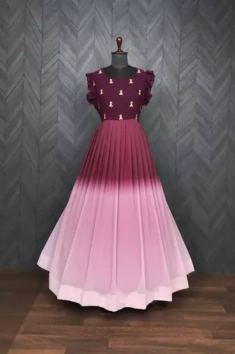 Wine faux georgette embroidery ombre print gown