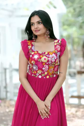 Pink faux georgette with sequins multithreaded embroidered gown