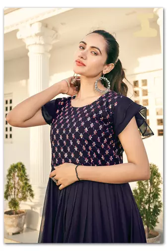 Wine faux georgette embroidery ombre print gown