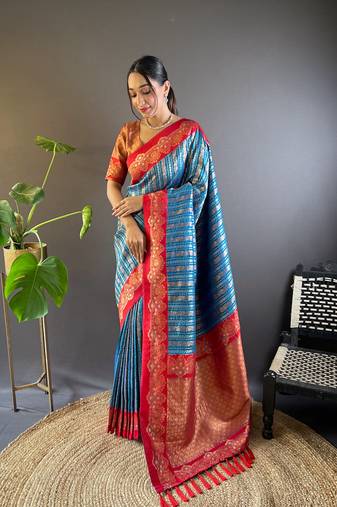 Blue silk saree with dual original zari weaving and contrast blouse