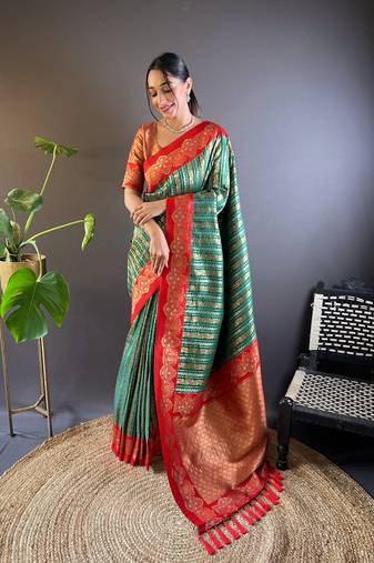 Green silk saree with dual original zari weaving and contrast blouse