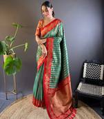 Green silk saree with dual original zari weaving and contrast blouse