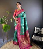 Teal silk saree with dual original zari weaving and contrast blouse