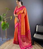 Orange silk saree with dual original zari weaving and contrast blouse