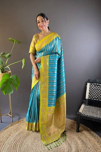 Light blue silk saree with dual original zari weaving and contrast blouse