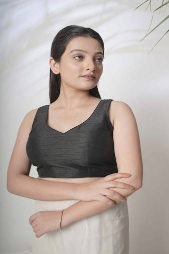 Black Cotton Silk Sleeveless Blouse