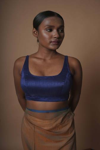 Blue Cotton Silk Sleeveless Blouse